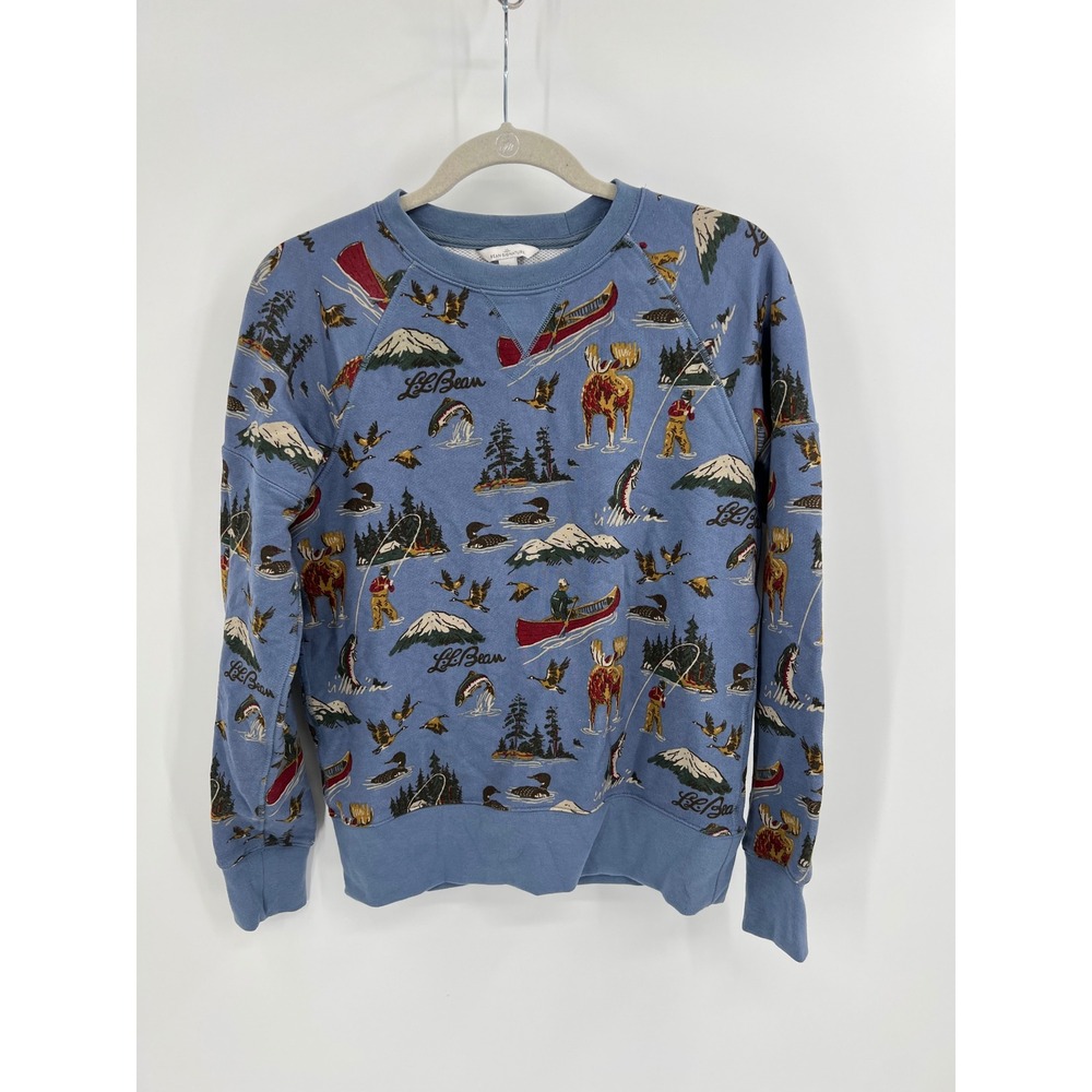 LL Bean Signature Print Sweatshirt Blue Fishing Canoe Moose Small Gorpcore